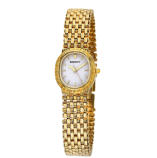 Berny Watch 石英小表盘金色珠宝手表。全不锈钢超精密 30ATM 防水