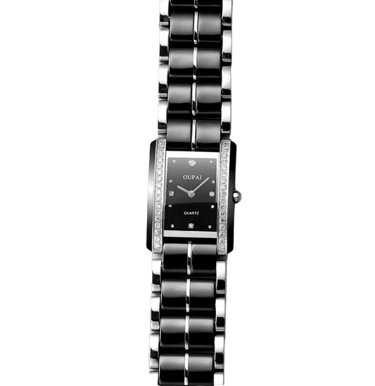 Oupai Swiss Movement Rectangle Watch Lady Black Ceramic Waterproof Luxury Watch Women or with Leather strap